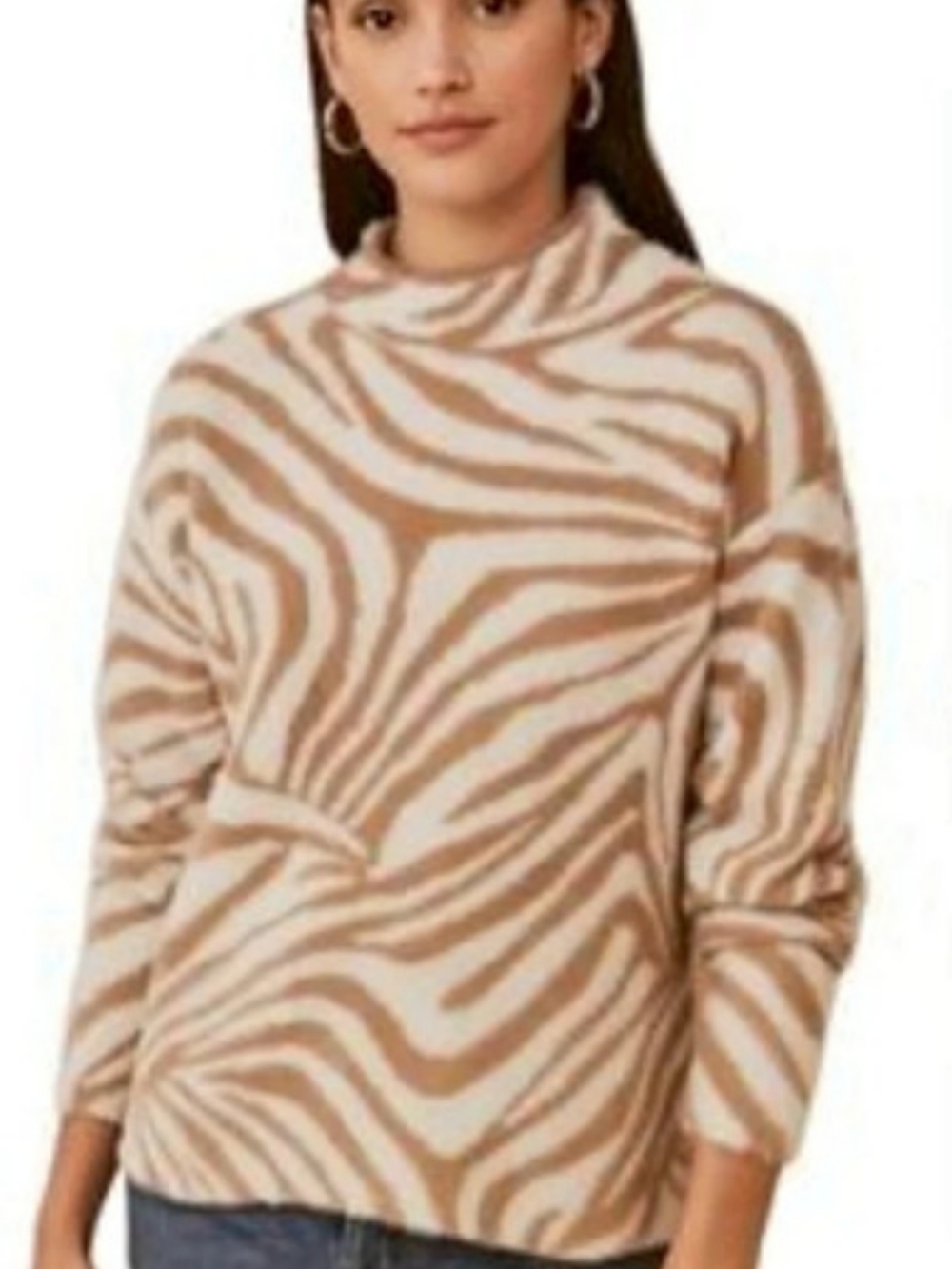 Rachel Zoe Knit Zebra Print Fluffy Sweater in Neutral Brown & Cream Size L